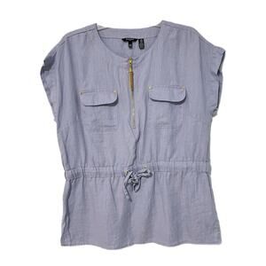 Ellen Tracy Women's 100% Linen Blue Tunic Blouse Size Medium Cinched Resort Wear